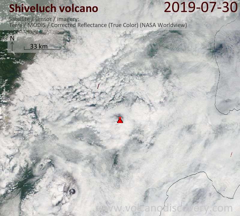 Satellite image of Shiveluch volcano on 30 Jul 2019