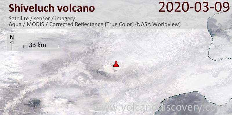 Satellite image of Shiveluch volcano on  9 Mar 2020