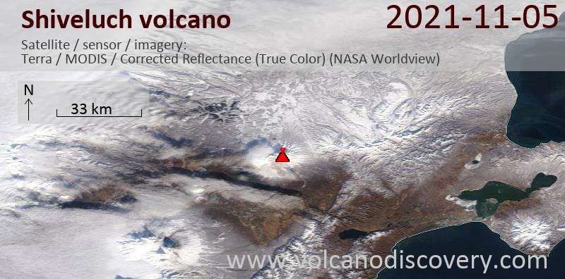 Satellite image of Shiveluch volcano on  6 Nov 2021