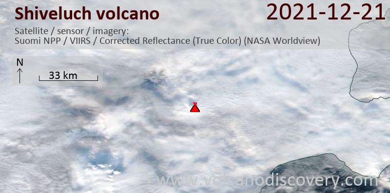 Satellitenbild des Shiveluch Vulkans am 21 Dec 2021