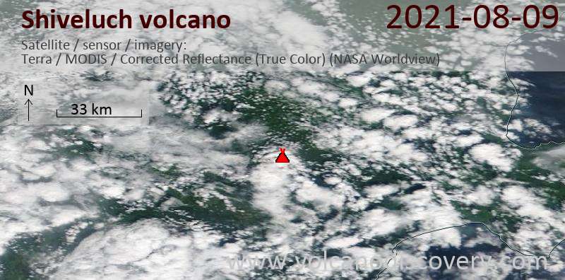 Satellitenbild des Shiveluch Vulkans am 10 Aug 2021