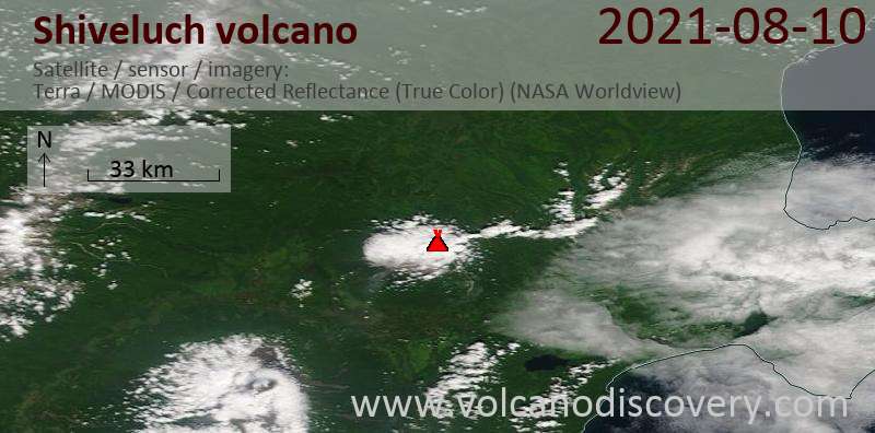 Satellitenbild des Shiveluch Vulkans am 11 Aug 2021
