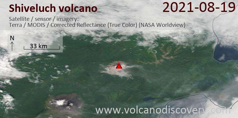 Спутниковое изображение вулкана Shiveluch 19 Aug 2021