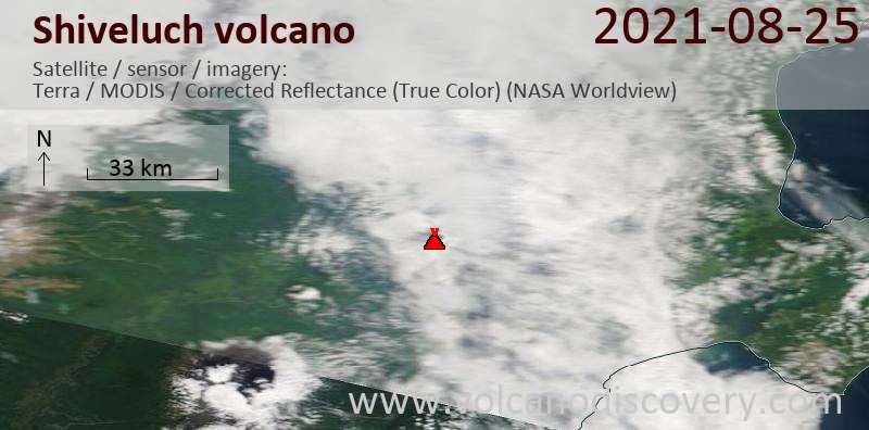 Satellite image of Shiveluch volcano on 25 Aug 2021