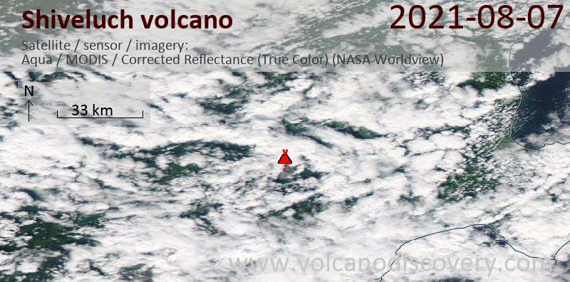 Satellite image of Shiveluch volcano on  7 Aug 2021