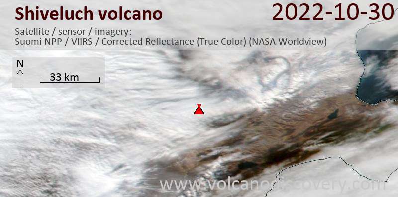 Satellitenbild des Shiveluch Vulkans am 31 Oct 2022
