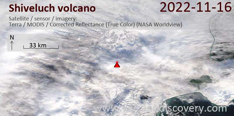 Satellitenbild des Shiveluch Vulkans am 16 Nov 2022