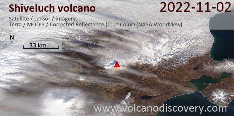 Satellitenbild des Shiveluch Vulkans am  2 Nov 2022