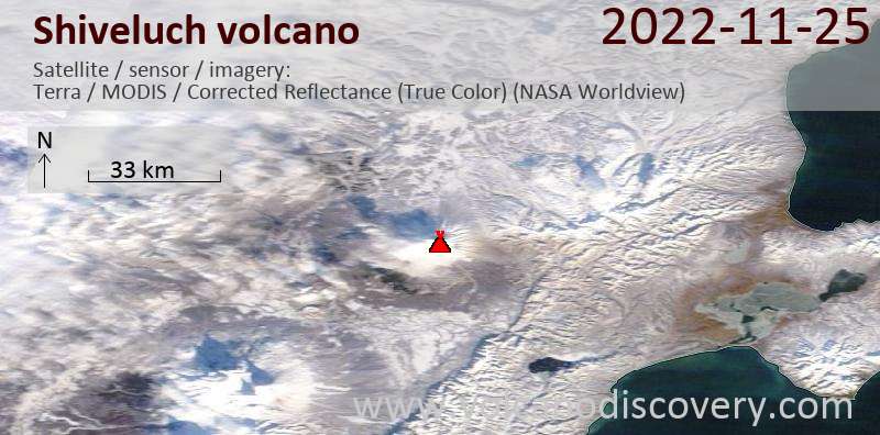 Satellite image of Shiveluch volcano on 26 Nov 2022