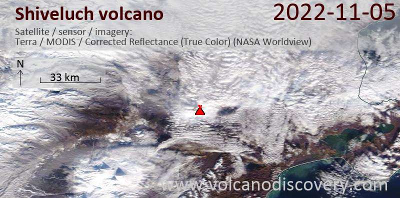 Satellitenbild des Shiveluch Vulkans am  5 Nov 2022