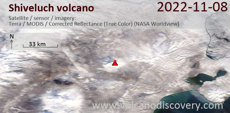 Satellitenbild des Shiveluch Vulkans am  8 Nov 2022