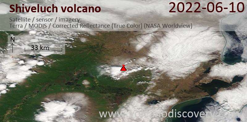 Satellite image of Shiveluch volcano on 10 Jun 2022