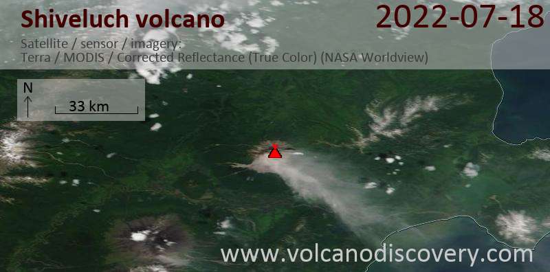 Imagen satelital del volcán Shivloch el 18 de julio de 2022