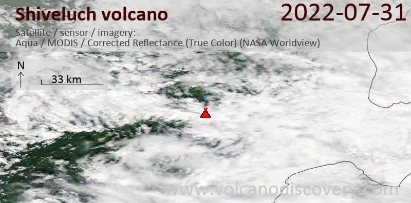 Satellite image of Shiveluch volcano on 31 Jul 2022