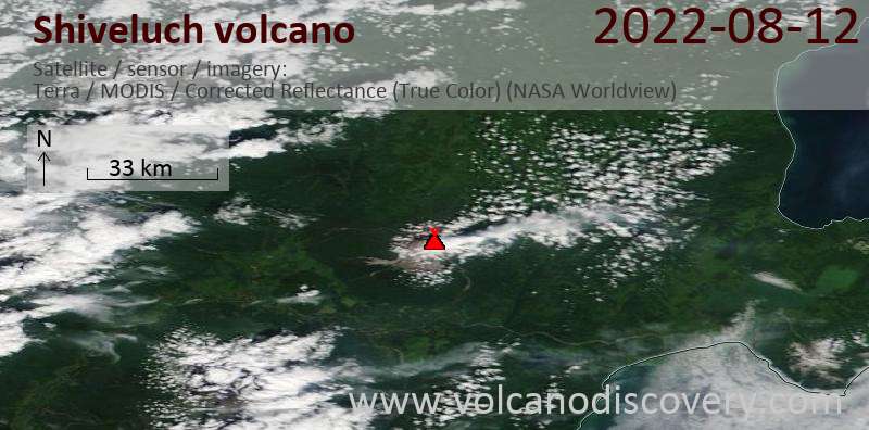 Satellite image of Shiveluch volcano on 12 Aug 2022