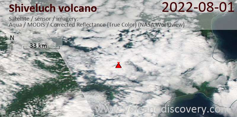 Satellite image of Shiveluch volcano on  2 Aug 2022