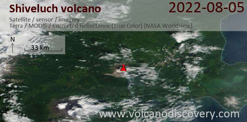 Satellite image of Shiveluch volcano on  5 Aug 2022