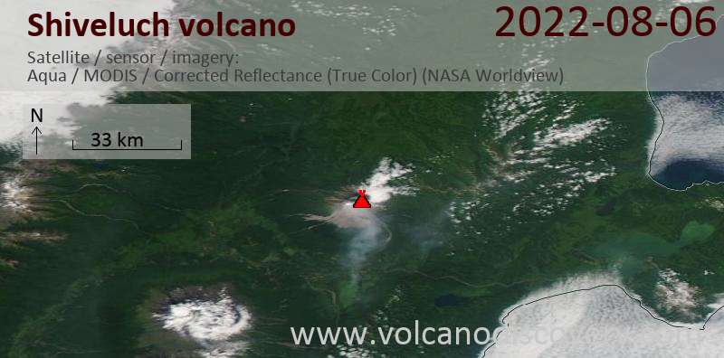 Satellite image of Shiveluch volcano on  6 Aug 2022