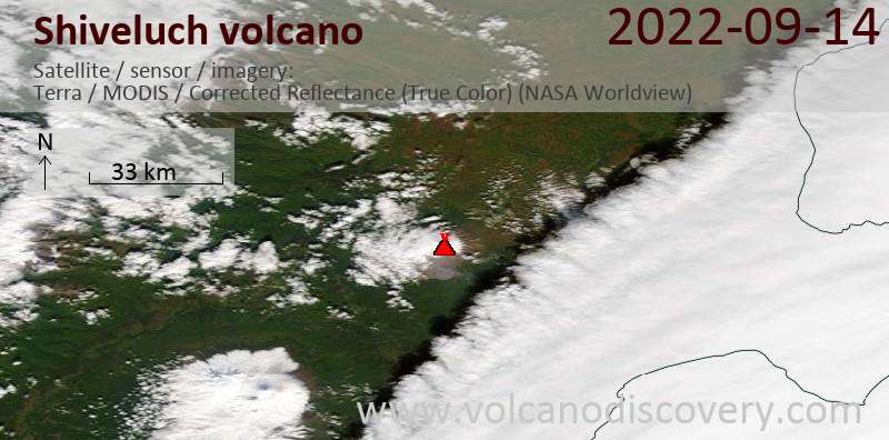 Satellitenbild des Shiveluch Vulkans am 14 Sep 2022