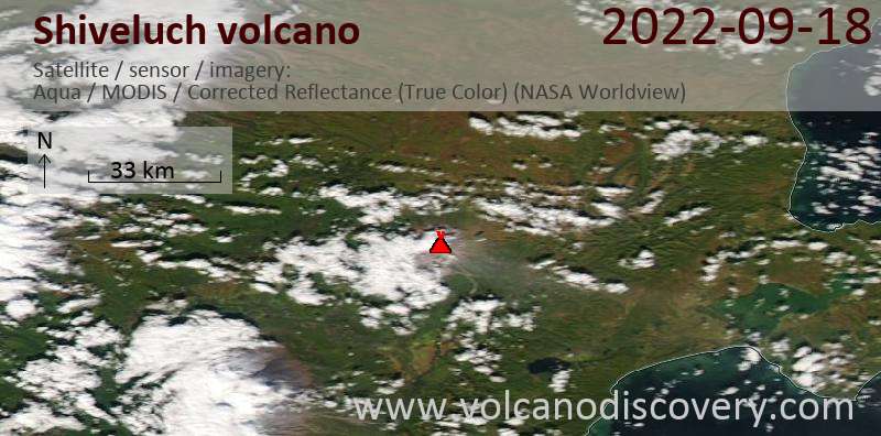Satellitenbild des Shiveluch Vulkans am 19 Sep 2022