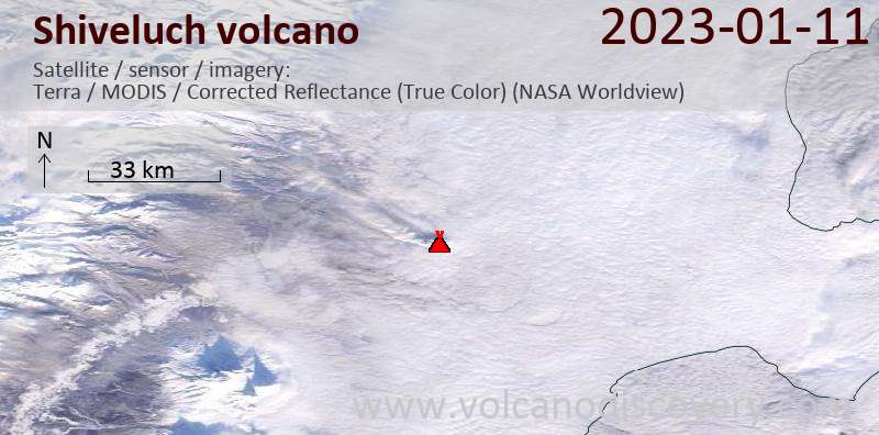 Satellite image of Shiveluch volcano on 11 Jan 2023