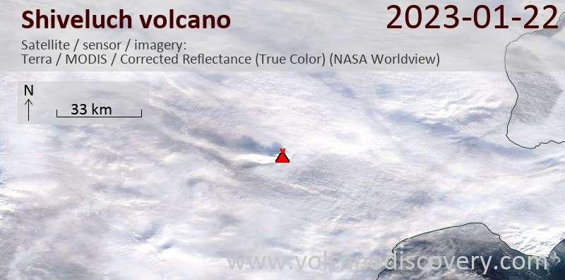 Satellite image of Shiveluch volcano on 22 Jan 2023