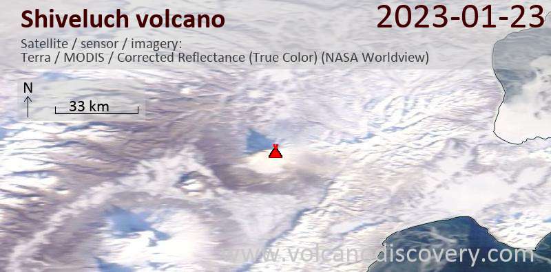 Satellite image of Shiveluch volcano on 23 Jan 2023