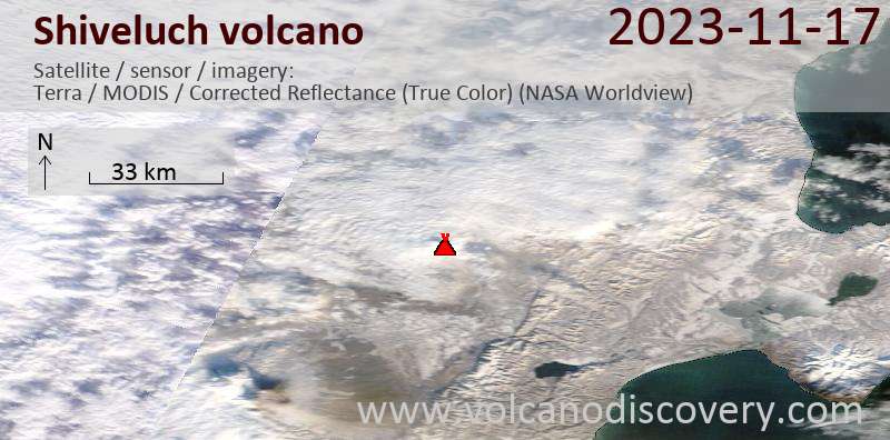 Satellitenbild des Shiveluch Vulkans am 17 Nov 2023