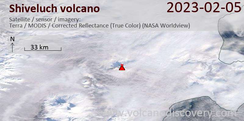 Satellite image of Shiveluch volcano on  5 Feb 2023