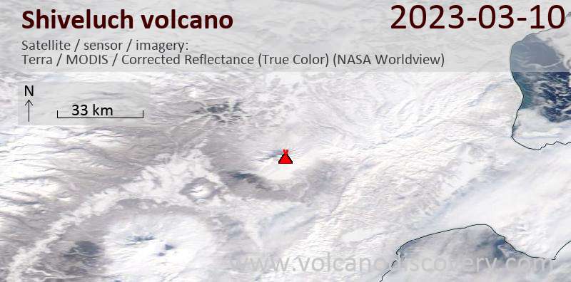 Satellite image of Shiveluch volcano on 10 Mar 2023
