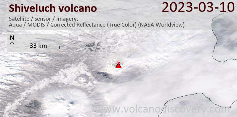 Satellite image of Shiveluch volcano on 11 Mar 2023