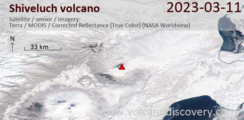 Satellite image of Shiveluch volcano on 12 Mar 2023