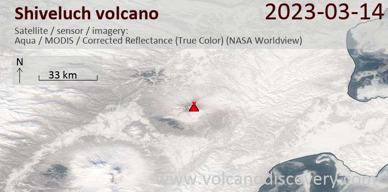 Satellite image of Shiveluch volcano on 14 Mar 2023