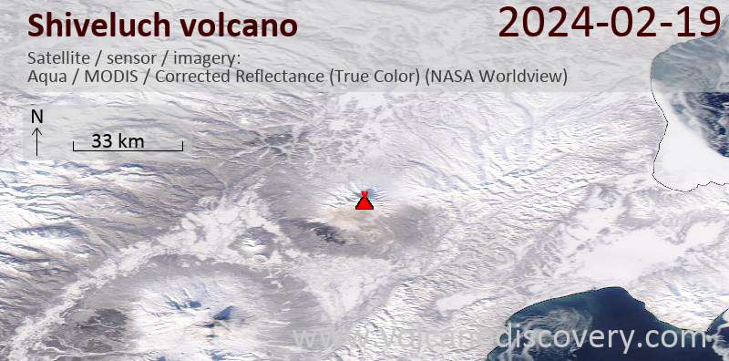 Satellite image of Shiveluch volcano on 19 Feb 2024