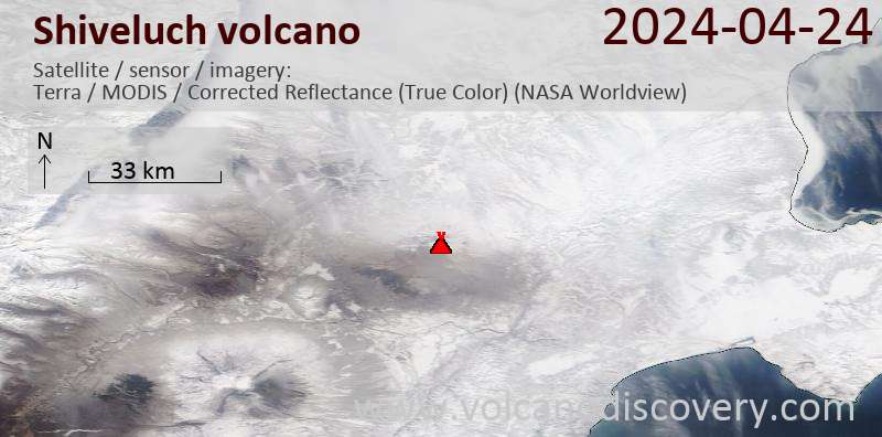 Satellitenbild des Shiveluch Vulkans am 24 Apr 2024