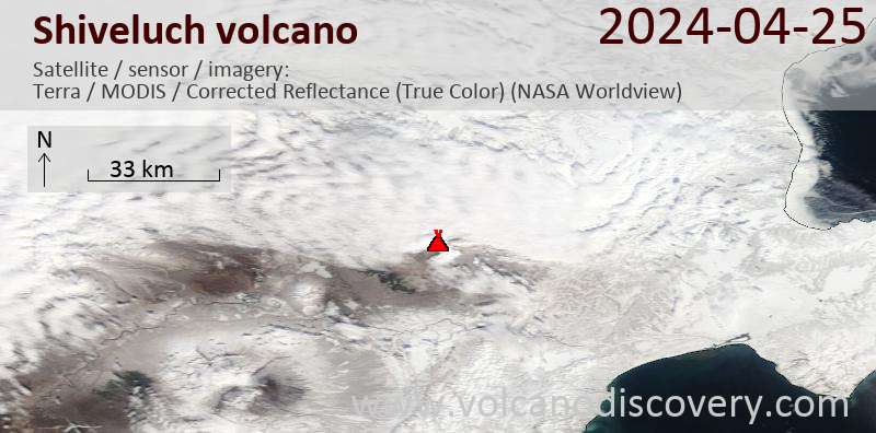 Satellite image of Shiveluch volcano on 25 Apr 2024