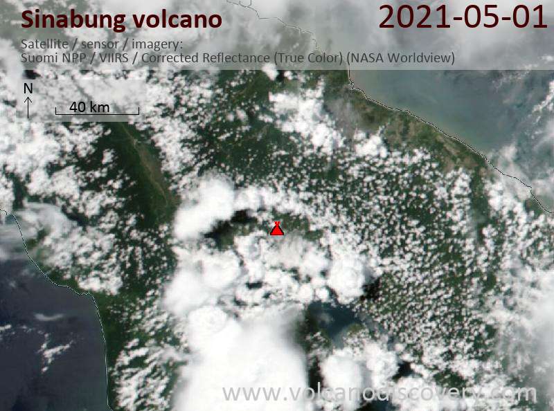 Satellite image of Sinabung volcano on 1 May 2021