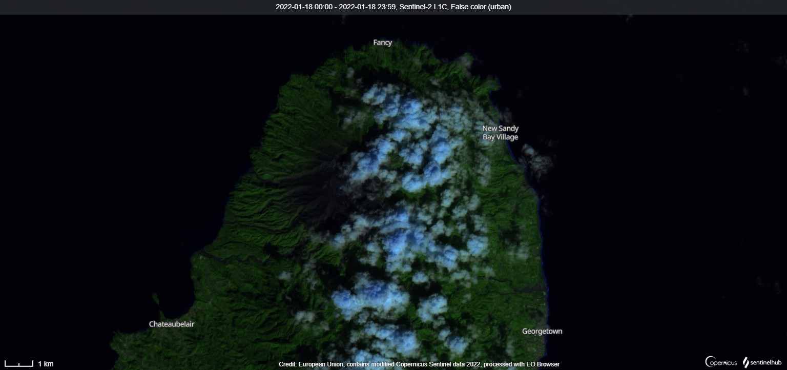 Satellite image of Soufrière St. Vincent volcano from 18 January (image: Sentinel 2)