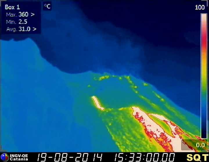 The active lava flow on Stromboli's upper Sciara del Fuoco (INGV thermal webcam)