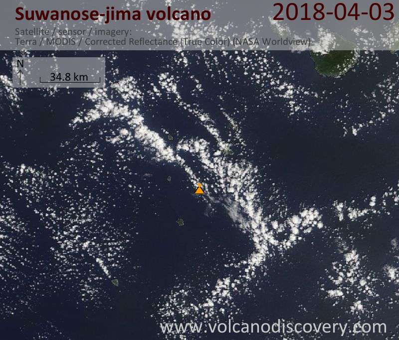 Satellite image of Suwanose-jima volcano on  3 Apr 2018