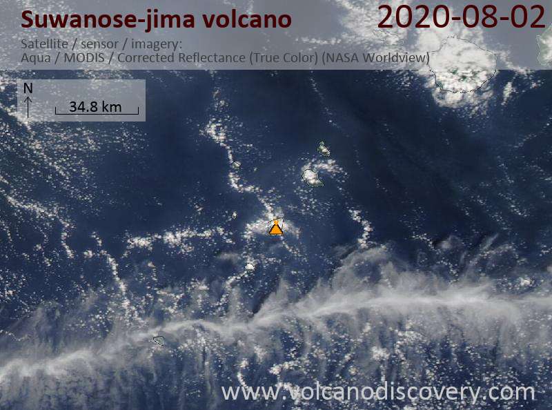 Satellite image of Suwanose-jima volcano on  2 Aug 2020