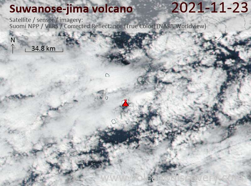 Satellitenbild des Suwanose-jima Vulkans am 23 Nov 2021