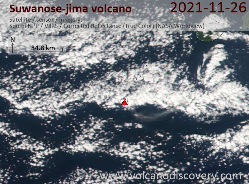 Satellitenbild des Suwanose-jima Vulkans am 27 Nov 2021