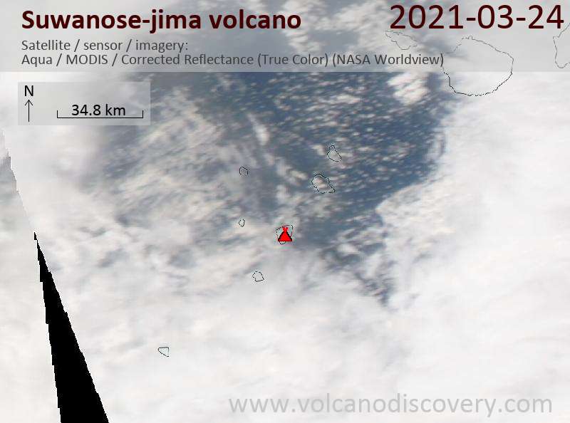 Satellitenbild des Suwanose-jima Vulkans am 25 Mar 2021