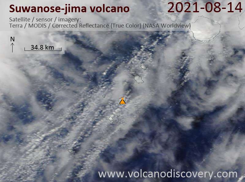 Satellitenbild des Suwanose-jima Vulkans am 15 Aug 2021