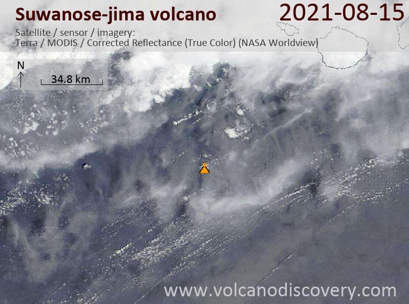 Satellitenbild des Suwanose-jima Vulkans am 16 Aug 2021