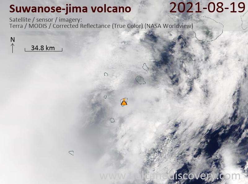 Satellitenbild des Suwanose-jima Vulkans am 19 Aug 2021