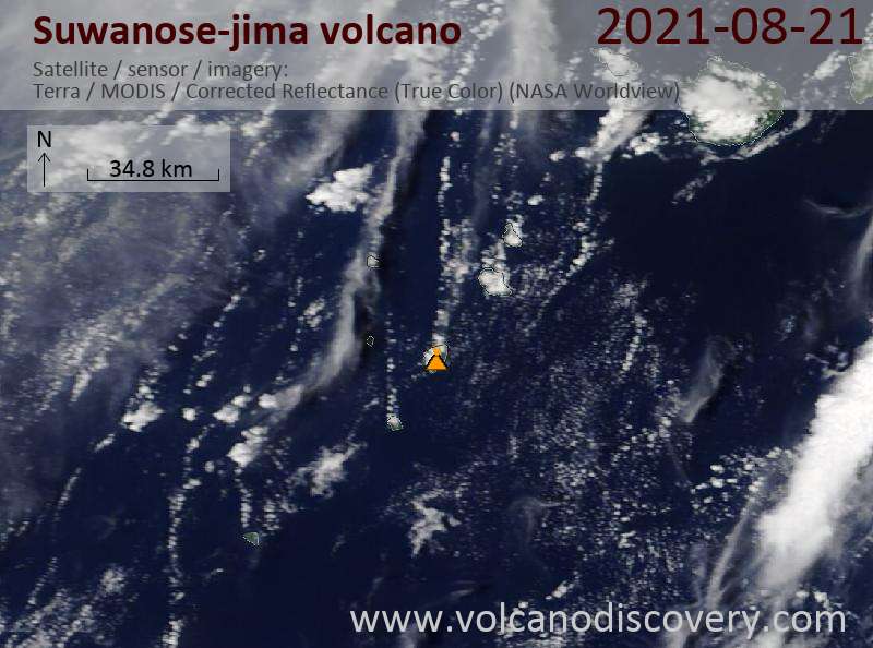 Satellitenbild des Suwanose-jima Vulkans am 21 Aug 2021