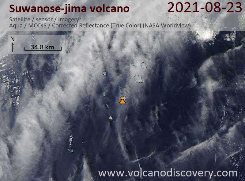 Satellitenbild des Suwanose-jima Vulkans am 23 Aug 2021