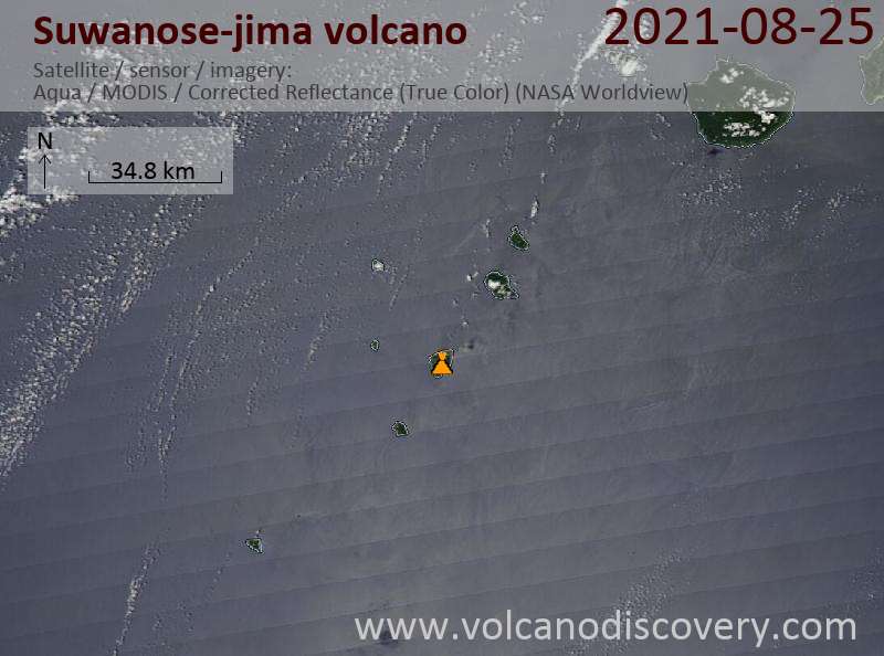 Satellitenbild des Suwanose-jima Vulkans am 25 Aug 2021
